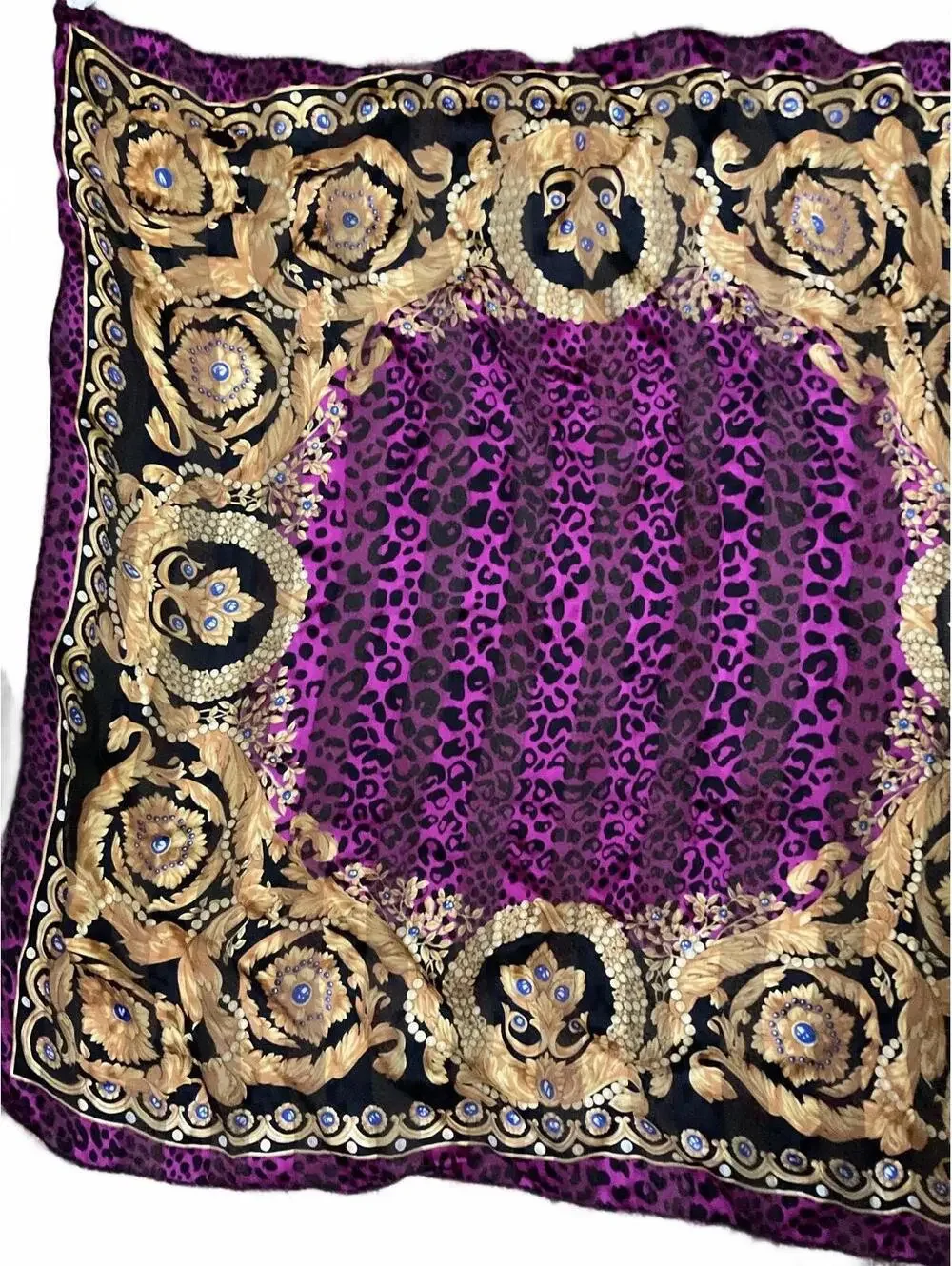 Elegant 100% Silk Purple Leopard Print and Gold Patterned Scarf